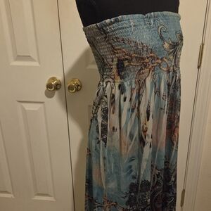 Elegant Strapless Blue and Brown Dress